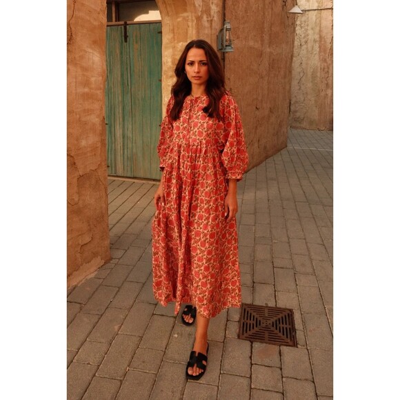 House of Sundar Maya Midi Dress Saffron Sun Women’s XS Pink Boho Floral EUC - Picture 3 of 8